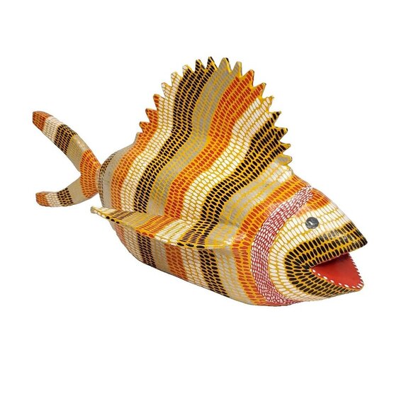 Tropical Fish Sculpture Figure Hand Carved Painted Palanca Tiki Beach Yellow Blk - Picture 1 of 8